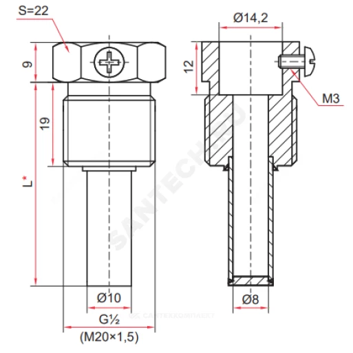 Гильза для термометра xx.220 L=100 mm, d=14, G1/2 из нержавеющей стали.