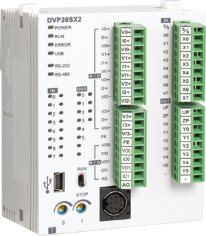 DVP20SX211T  Контроллер: 20 Point，8DI，6DO, 4AI, 2AO (Transistor)，2 шины расширения, 24 VDC, 16К шаго