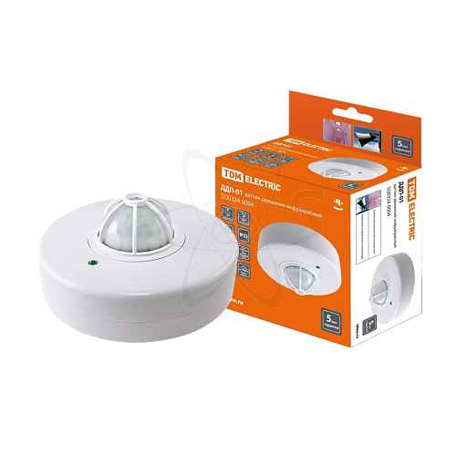 Датчик движения потолочный ДДП-01 1100Вт, 5-480с, 2-8м, 5+Лк, 120(сбоку)+360(сверху) гр, IP33, TDM