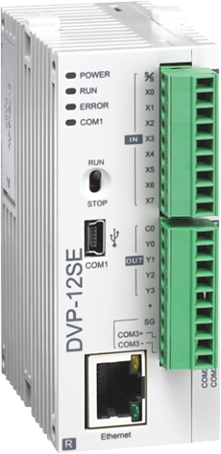 DVP12SE11R  Контроллер: 12 Point, 8DI, 4DO (Relay), 24V DC Power, 2 шины расширения, USB, поддержка 