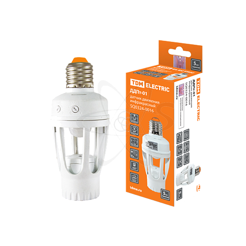 Датчик движения в патрон ДДПт-01 60Вт, 10-120с, 6м, 3+Лк, 120(сбоку)+360(сверху)гр IP20, TDM
