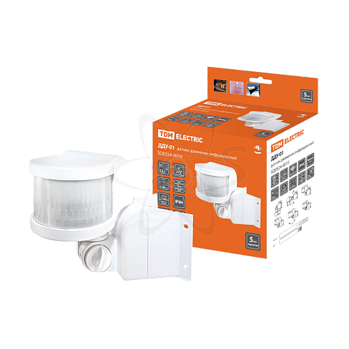 Датчик движения настенный угловой ДДУ-01 1100Вт, 5-480с, 12м, 5+Лк, 270гр, IP44, TDM