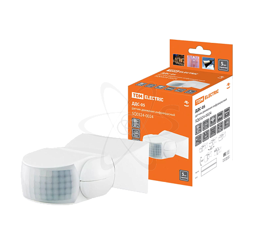 Датчик движения настенный ДДС-05 1200Вт, 10-420с, 12м, 3+Лк, 180гр, IP65, TDM