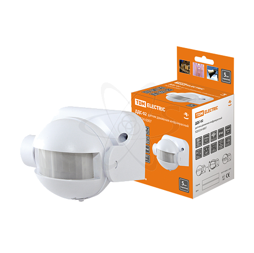 Датчик движения настенный ДДС-02 1100Вт, 5-480с, 12м, 5+Лк, 180гр, IP44, TDM