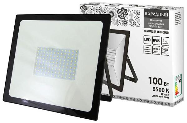 Прожектор светодиодный СДО-04-100Н 100 Вт, 6500 К, IP65, черный, Народный