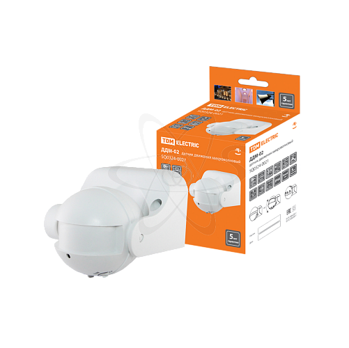 Датчик движения микроволновый ДДМ-02 1200Вт, 10-720с, 1-8м, 3+Лк, 180гр, IP44, TDM