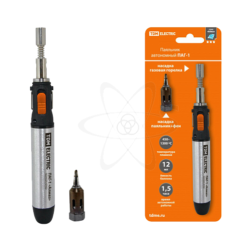 Паяльник автономный газовый ПАГ-1, (3 наконечника: жало, резак, фен), 12 мл "Алмаз" TDM