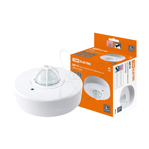 Датчик движения потолочный ДДП-02 1100Вт, 5-480с, 2-12м, 5+Лк, 160(сбоку)+360(сверху) гр, IP33, TDM